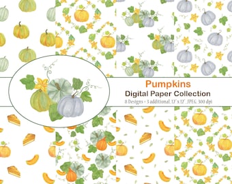 Fall Pumpkins Thanksgiving Digital paper pack, Autumn floral digital paper for instant download, Thanksgiving and Harvest time DIY design