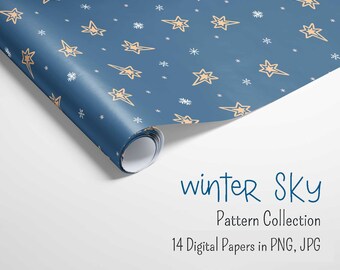 Winter Sky Digital Paper Collection, Seamless Pattern, winter holiday decor, digital paper pack, stars, snowflakes pattern