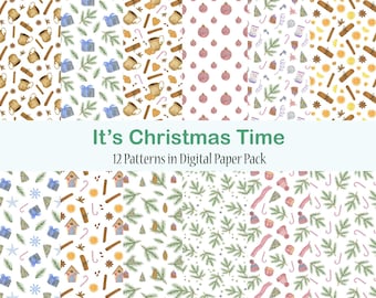 Puede incluir: Un paquete de papel digital con 12 patrones de temática navideña. Los patrones presentan ilustraciones de regalos, adornos, tazas de café, palitos de canela, ramas de pino, copos de nieve y otros elementos festivos.