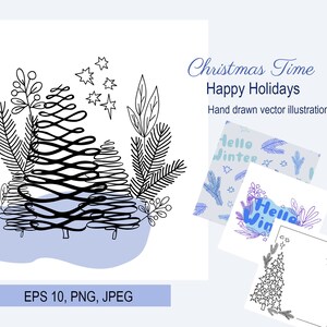 Christmas fir-tree floral composition, Winter clipart for greeting cards, invitations, editable hand drawn EPS10 vector files