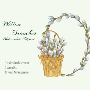 Clipart de branche de saule de chatte d’aquarelle, décor de vacances de printemps de Pâques pour la carte de voeux, clipart festif, couronne florale, JPEG de PNG