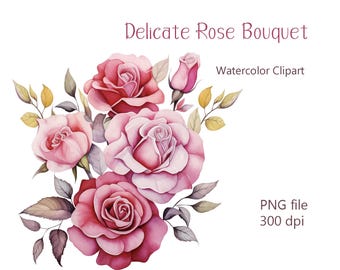 Pink Roses Bouquet watercolor sublimation clipart, PNG files digital image for design or sublimation, instant download, floral illustration