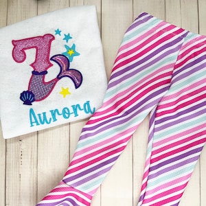 Mermaid Tail Number Birthday Shirt- Mermaid Birthday Embroidered Shirt- Full Outfit