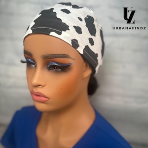 Cow Print Scrub Hat| Animal Print Euro Style Cap| Western Theme Medical Hat | Black and White Scrub Cap