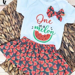 Watermelon Baby Girl Outfit | One in a Melon First Birthday Set | Summer Baby Gift | Girl Fruit Outfit | Baby Skirt and Bow Set