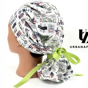 United We Stand Ponytail Surgical Scrub Cap for Men and Women| Military Scrub Hat| Patriotic Scrub Cap