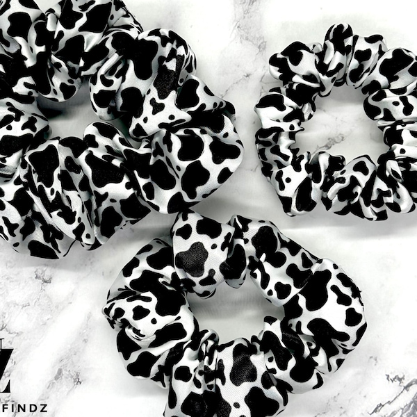 Black & White Cow Print Satin Scrunchies | Smooth Silky Hair Ties for Stylish Updos | Hair Protection Accessories