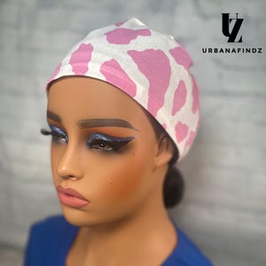 Cow Print Scrub Hat| Animal Print Euro Style Cap| Western Theme Medical Hat | Pink and White Scrub Cap