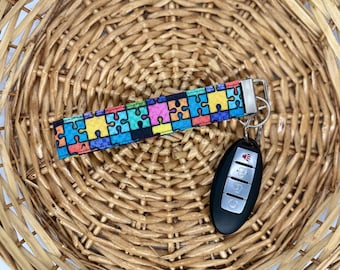 Puzzle Piece Keychain Wristlet: Colorful Fabric Key Fob, Autism Awareness