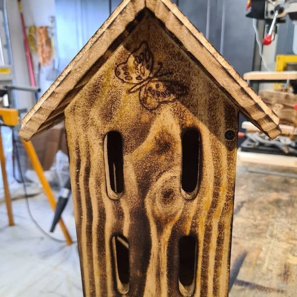 Hand Made Cedar Butterfly House with Torched Finish. Sealed and Waterproofed. Clamps provided to attach to 1/2 inch pole.