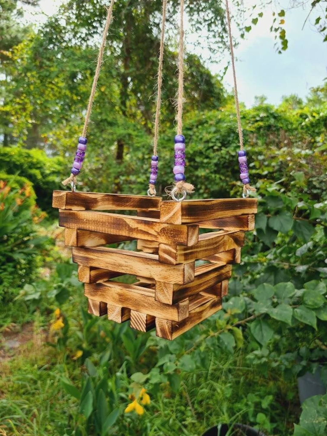 Stunning 6 Orchid Basket With Matching Purple Beads and Braded Jute