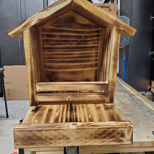 Large Handmade Dove House with Feeding Platform and Torched Finish. Sealed and Waterproofed.