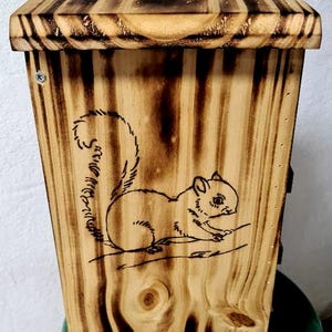 Beautiful, Handmade Squirrel House, Thick Wood+Sealer for Durability, Large Squirrel Etching on Front, Torched Finish