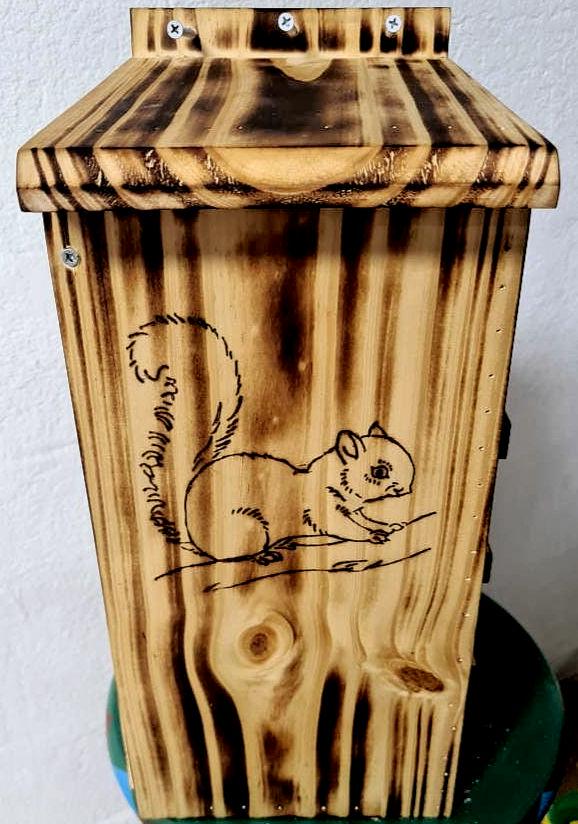 Beautiful, Handmade Squirrel House, Thick Wood+Sealer for Durability, Large Squirrel Etching on Front, Torched Finish