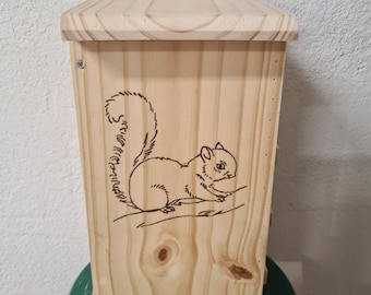 Beautiful, Handmade Squirrel House, Thick Wood+Sealer for Durability, Large Squirrel Etching on Front
