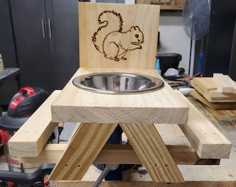 Handmade Squirrel Picnic Table with Metal Bowl
