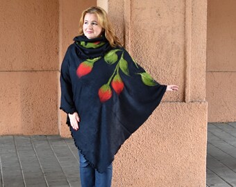 BLACK PONCHO with red flowers charming Woman Cardigan - one size, plus size available