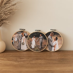 Set of 3 Wedding Photo Embroidery Hoops, Cotton Anniversary Gift, 2nd Wedding Anniversary, Wedding Photo Print, Round Photo Frames