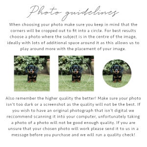 May include: Photo guidelines for creating circular profile images.  Instructions emphasize high-quality photos, central subject placement, and sufficient surrounding space for optimal cropping.  Examples show a dachshund image before and after circular cropping.  The text advises against using dark or low-resolution images, suggesting scanning original photos for best results.  A quality check is offered for uncertain photos before purchase.