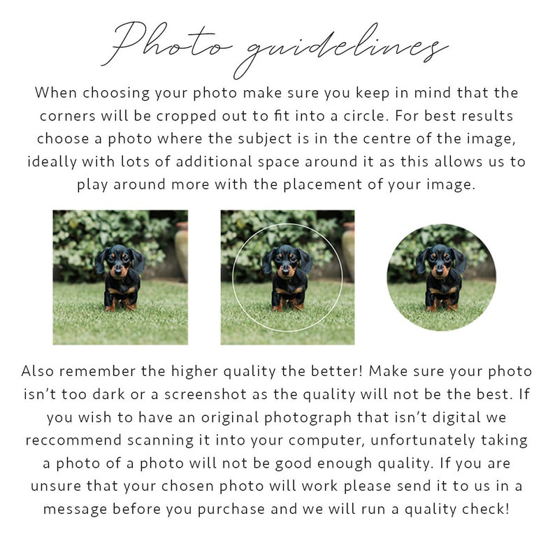 May include: Photo guidelines for creating circular profile images.  Instructions emphasize high-quality photos, central subject placement, and sufficient surrounding space for optimal cropping.  Examples show a dachshund image before and after circular cropping.  The text advises against using dark or low-resolution images, suggesting scanning original photos for best results.  A quality check is offered for uncertain photos before purchase.