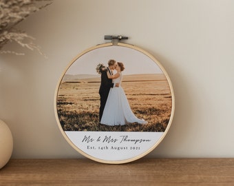 Personalised Wedding Photo Embroidery Hoop, Cotton Anniversary Gift, 2nd Wedding Anniversary, Wedding Date Photo Frame, Framed Photo Print