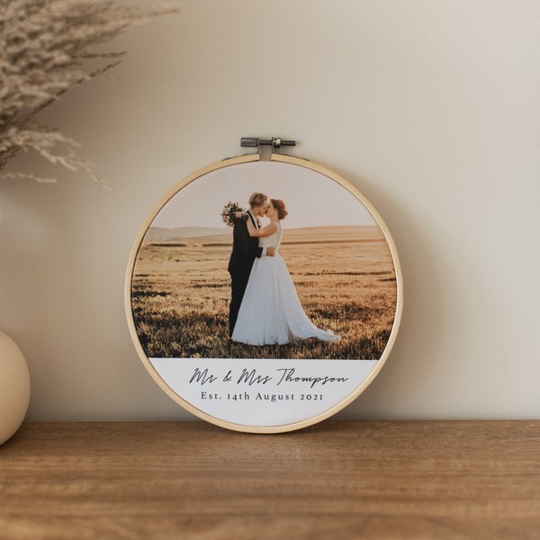 Personalised Wedding Photo Embroidery Hoop, Cotton Anniversary Gift, 2nd Wedding Anniversary, Wedding Date Photo Frame, Framed Photo Print