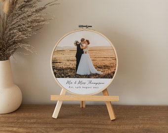 Personalised Wedding Photo Embroidery Hoop, Cotton Anniversary Gift, 2nd Wedding Anniversary, Wedding Date Photo Frame, Framed Photo Print