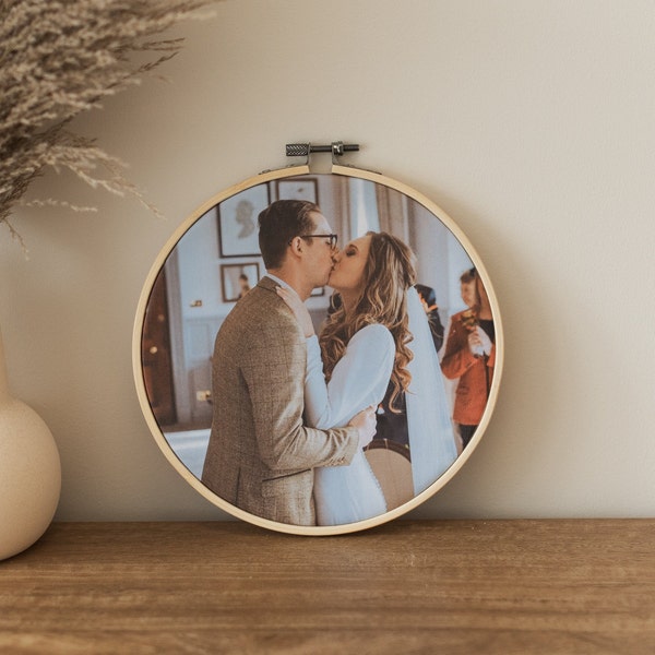 Cotton Wedding Anniversary Gift, Photo Embroidery Hoop, Gift for Husband, Gift for Wife, Wedding Day Photo Print, Round Photo Frame