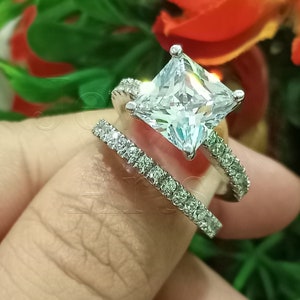 3.10 Ct Bridal Ring Set, White Gold Finish Silver, Princess Cut Diamond Engagement Ring, Wedding Ring Set, Simulated Diamond Ring Size 5-10