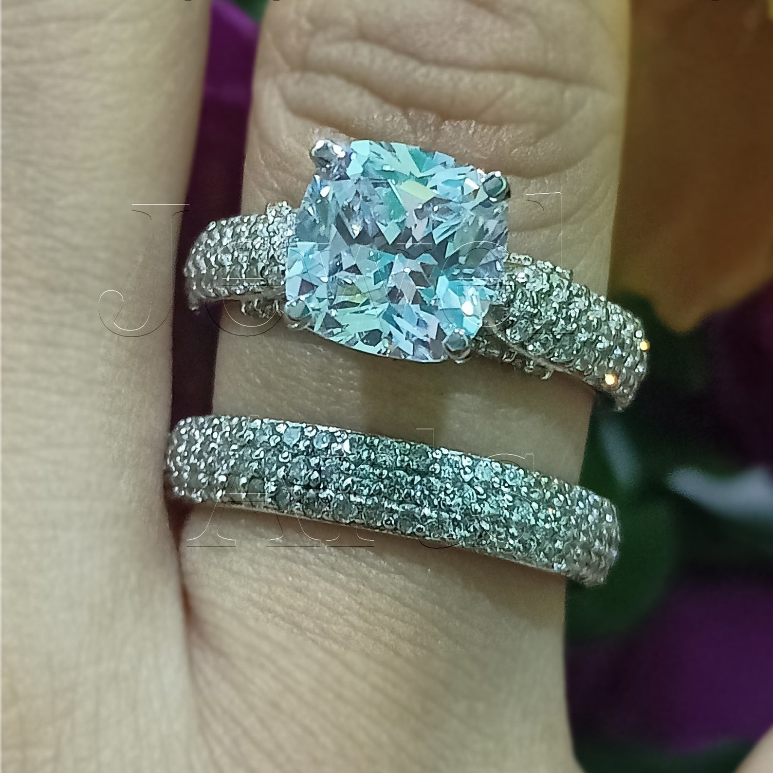 3.20ct Bridal Ring Set 14k White Gold Finish Silver, Cushion Cut