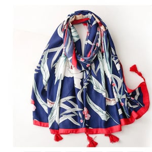 Tropical Navy Blue and Red Floral Cotton Viscose Scarf