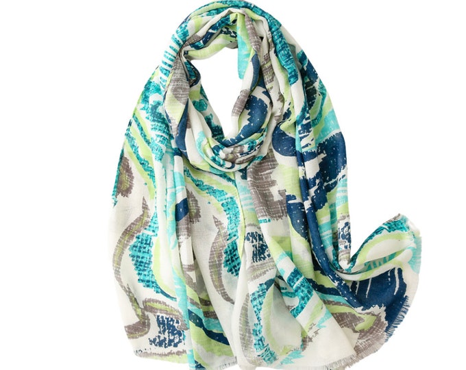 Ocean Teal and Blues Soft Cotton Linen Scarf