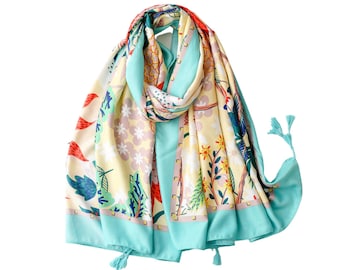 Teal Sea Foam Floral and Tropical Foliage Cotton Viscose Scarf