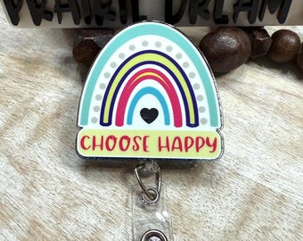 Carrete para insignias Boho Arcoíris, Elige la felicidad, Afirmaciones positivas, Carrete para insignias no tóxico