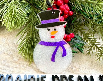 Girly Snowman Ornament: Holographic Purple Scarf, Handmade Christmas Decoration