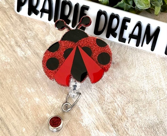 Ladybug Glitter Badge Reel, Spring Summer Badge Reel, Retractable ID Holder,  Acrylic Gifts 