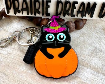 Llavero de calabaza, llavero de calabaza con forma de gato negro, regalo de Halloween de otoño, vinilo holográfico