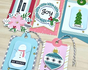 Etiquetas de regalo navideñas, juego de 8 hechas a mano: Flor de Pascua roja, etiquetas de "Feliz y Brillante"