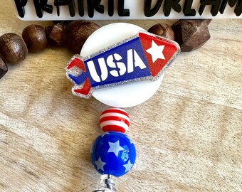 Patriotic Rocket Badge Reel: Red White Blue USA, Beaded Alligator Clip