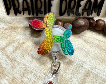 Porta credencial retráctil con forma de perro globo, arcoíris holográfico, regalo acrílico