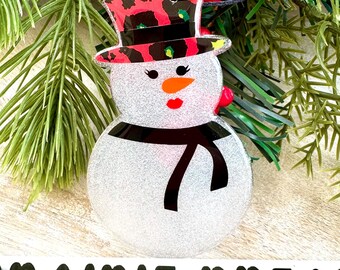Girly Snowman Ornament: Leopard Print Hat, Handmade Christmas Decoration