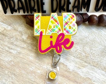 Lab Life Badge Reel: Plaid & Glitter Acrylic, Nontoxic Sealant