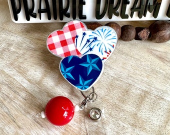 Patriotic Heart Badge Reel: Stars, Stripes, and Beads (Nontoxic/Epoxy Free)