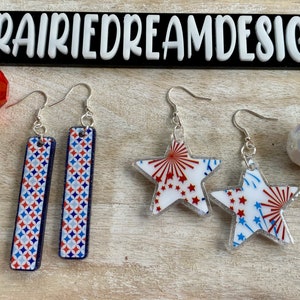 Patriotic Earrings, 4th of July Earrings, Stars and Stripes, Red White Blue, Fireworks, American Flag, Premium Metal Earrings
