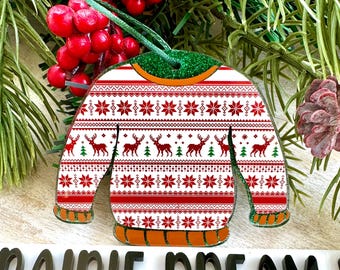 Adorno de suéter feo, suéter navideño, intercambio de adornos