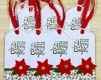 Etiquetas de regalo navideñas, juego de 8 hechas a mano: Flor de Pascua roja, etiquetas de "Feliz y Brillante"