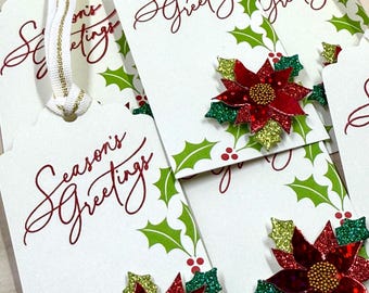 Etiquetas de regalo navideñas, juego de 6 hechas a mano: Flor de Pascua roja, etiquetas de regalo con saludos navideños