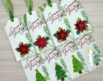 Etiquetas de regalo navideñas, juego de 8 hechas a mano: Flor de Pascua roja, etiquetas de regalo de árbol de Navidad