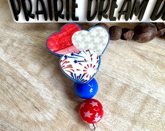 Patriotic Heart Beaded Badge Reel: 4th of July Stars & Stripes