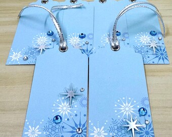Etiquetas de regalo de copo de nieve, juego de 6 etiquetas hechas a mano: copo de nieve y diamantes de imitación, etiqueta de regalo azul